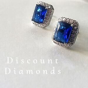 Dark Blue Sapphire & Clear White Baguette Diamond  Earrings on  925 Silver